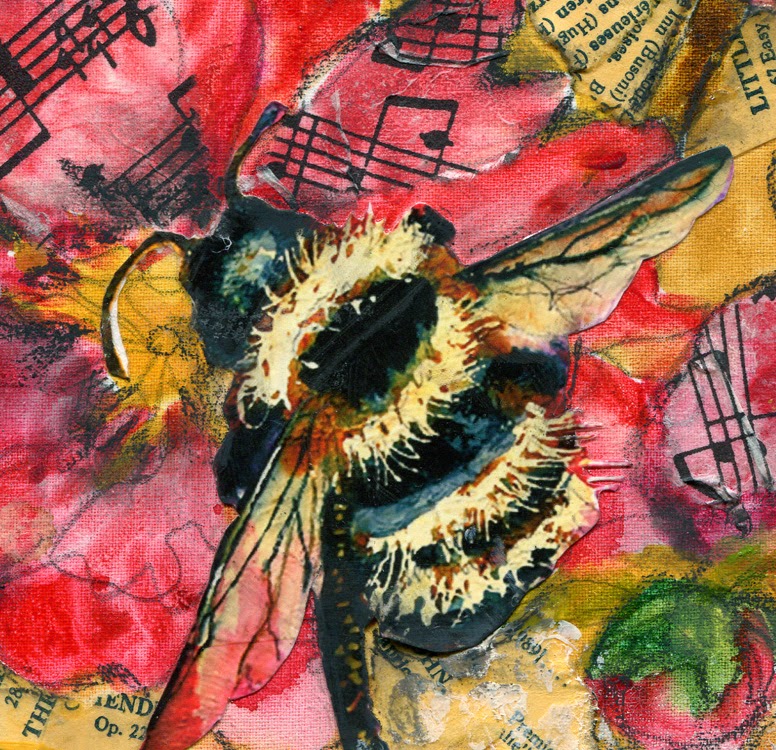 mixed media collage art detail of bee on peony flower mixed media collage art detail of bee on peony flower