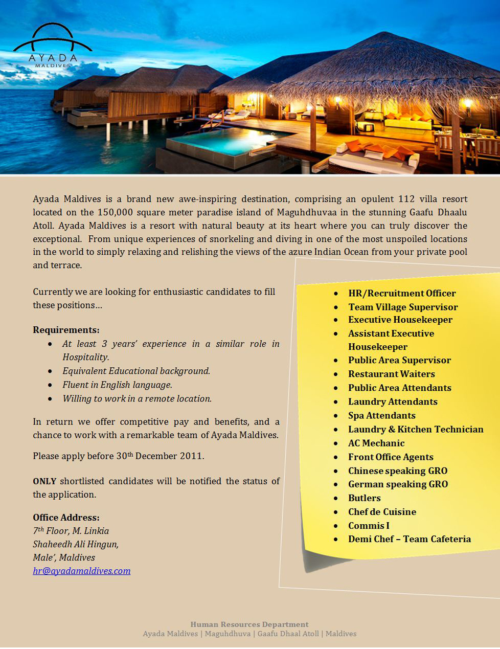 Job Maldives Housekeeper jobs in Maldives