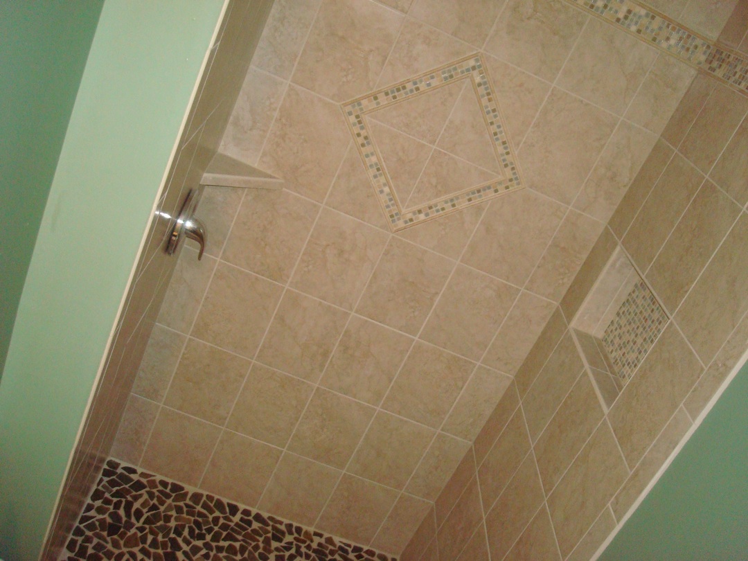 STRAIGHT EDGE TILE Custom Shower w/ Natural Rock Floor