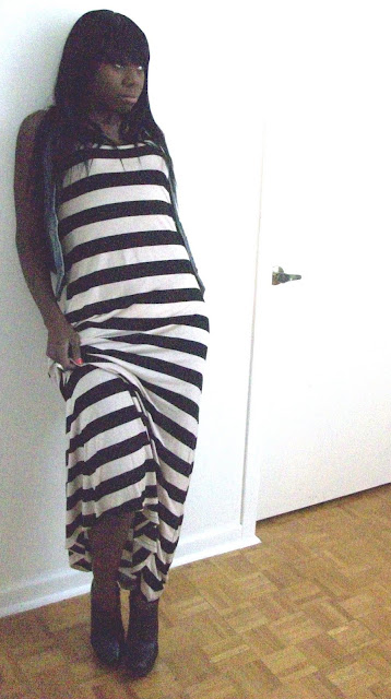 maxi dress, ring, H&M, booties, Aldo, denim vest, vintage, black girls, black booties, stripes