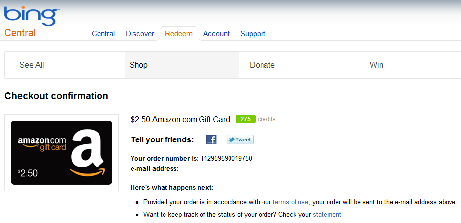 Bing Rewards (redeeming points for a amazon gift card)