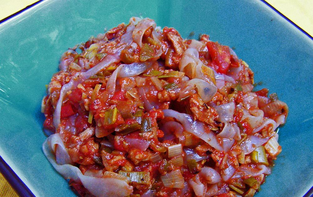 Seasonal Eating Pasta with OnionGarlic Red Sauce and Veggie Crumbles