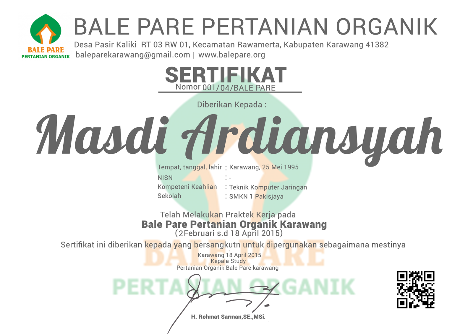 Contoh Sertifikat Praktek Kerja Lapangan (PKL) HANYA CONTOH