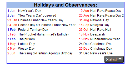Kalendar 2012 dan cuti umum ~ Kronologi