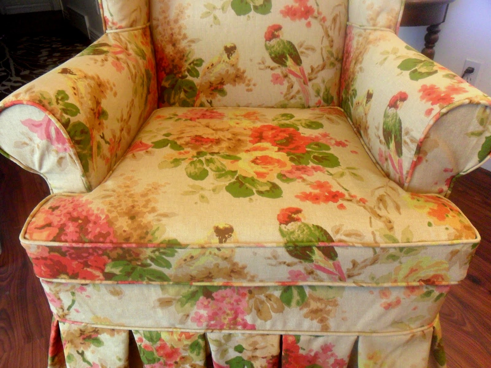 Custom Slipcovers by Shelley Floral Wingback chair with boxpleat skirt