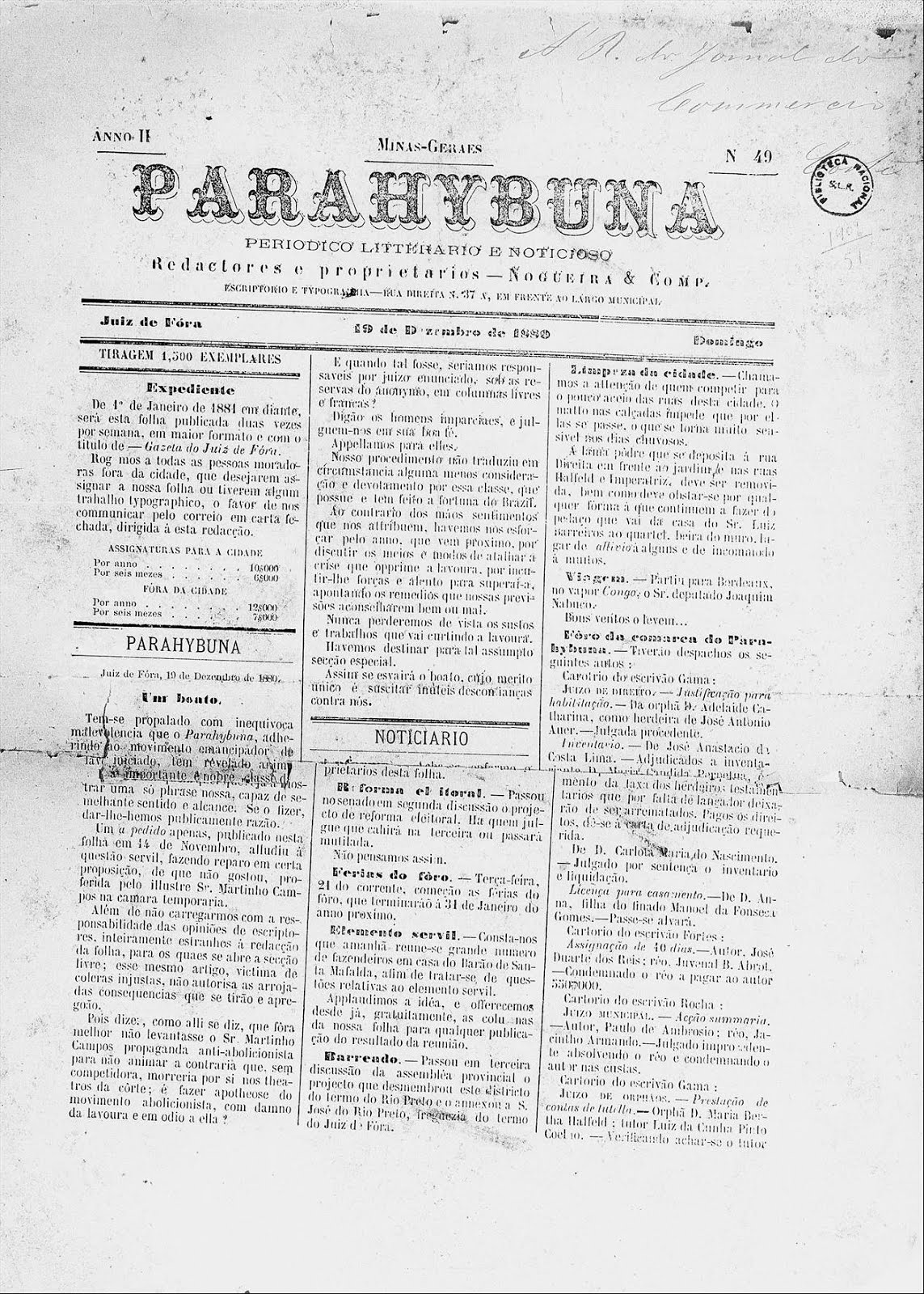 Jornal O PARAHYBUNA de 1880