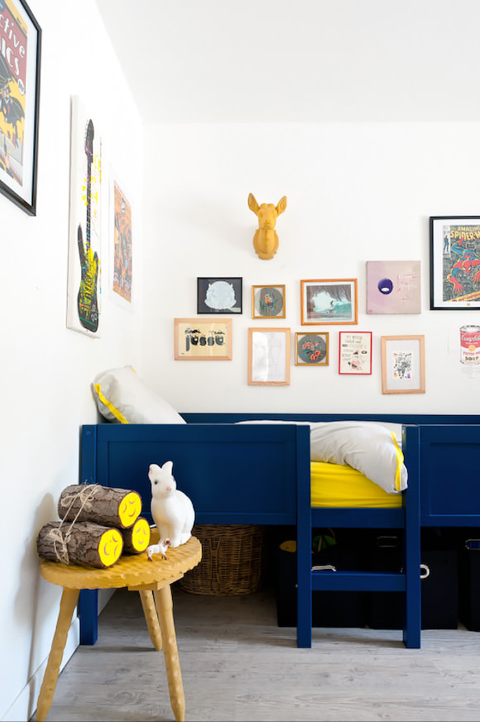 Sophisticated child room with a strong colours of blue and yellow