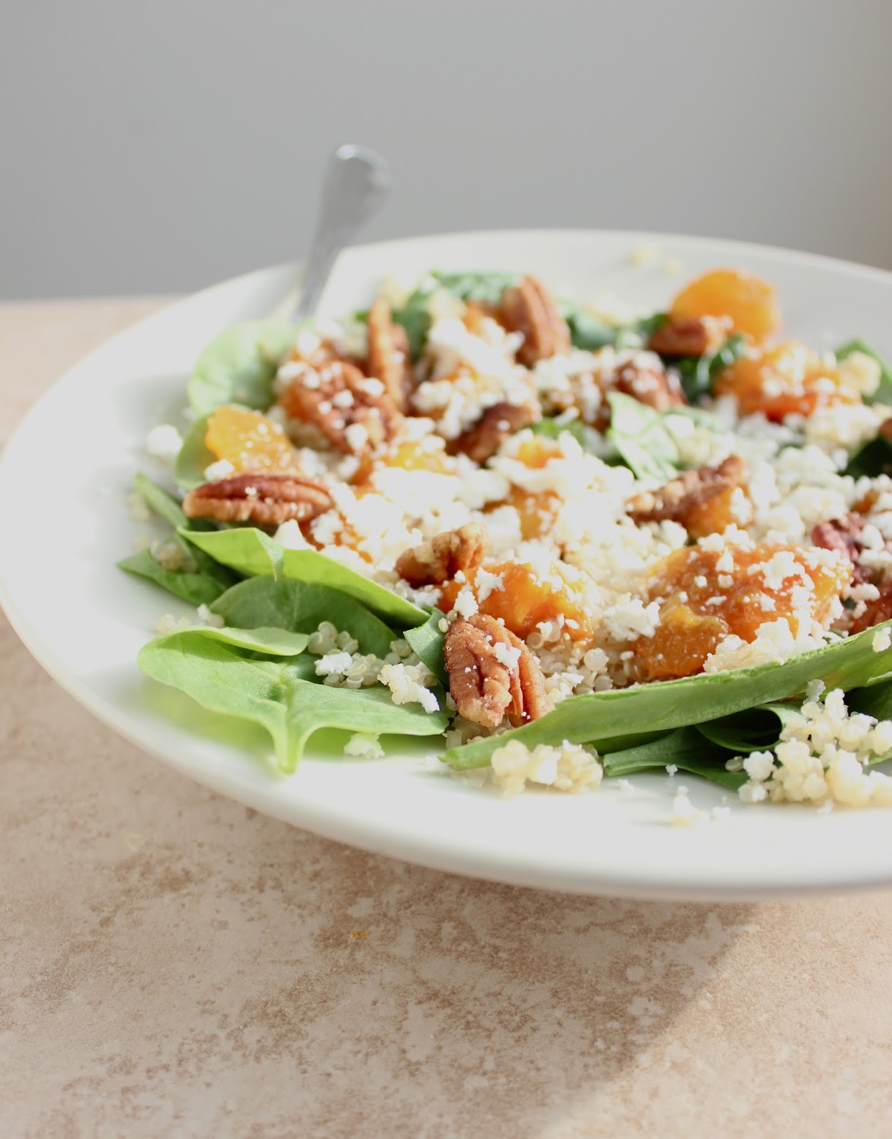 Stew or a Story Spinach Quinoa Salad with Peaches, Goat Cheese, and