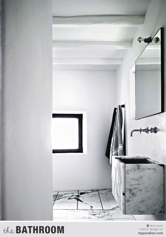 Contemporary bathroom with marble floor and sink. Photo by Tommaso Sartori for At Casa.