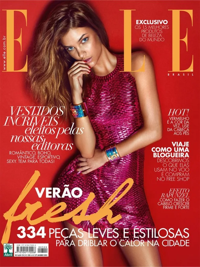 Barbara Palvin wears a metallic pink mini dress for the Elle Brazil January 2015 cover