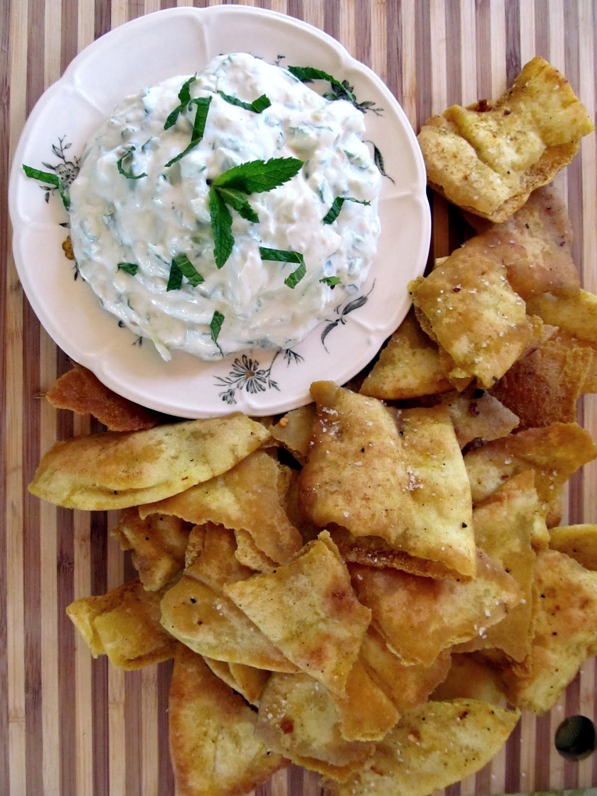 Rise and Shine Indian Spiced Pita Chips with Roasted Garlic Raita