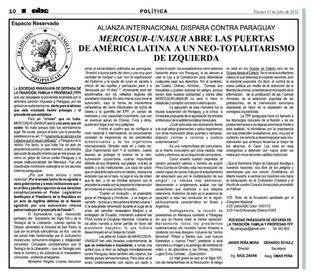 Facsimile do manifesto da TFP paraguaia:  MERCOSUL-UNASUL abre as portas da Am??rica Latina a um neo-totalitarismo de esquerda