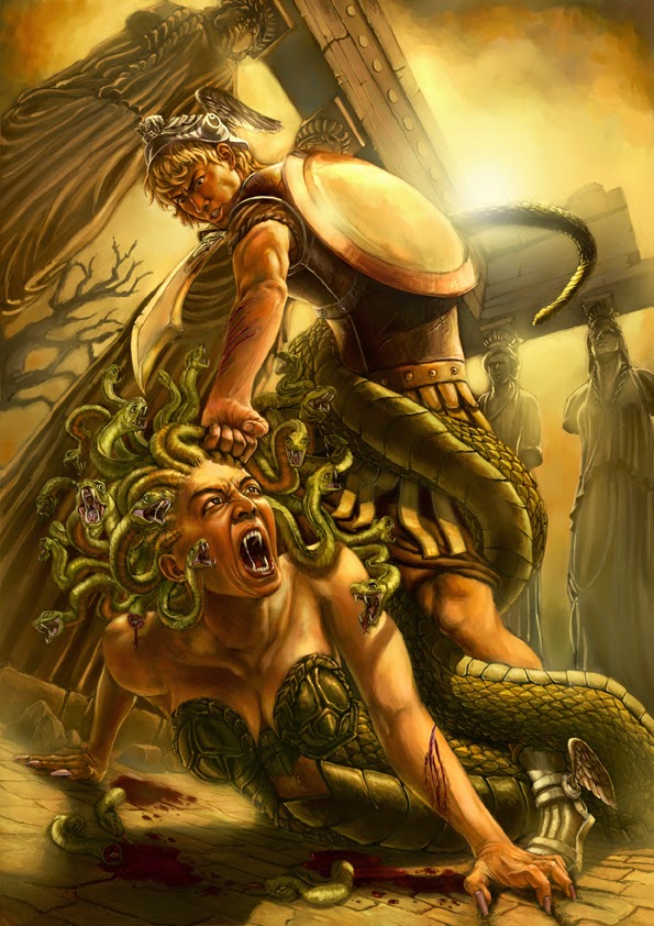 Mythology is the killing of the terrifying gorgon medusa, a demigod son of  the olympian god, zeus, and the mortal woman danny