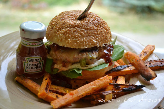 Thanksgiving burger with sweet potato fries and cranberry sauce