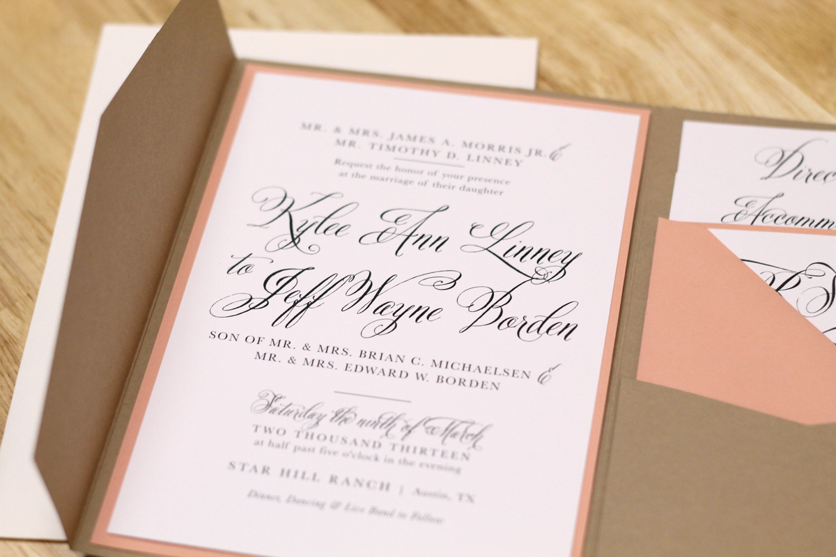 Kxo Design Rustic Peach Wedding Invitation With Kraft Pocketfold Kxo Design Rustic Peach Wedding Invitation With Kraft Pocketfold