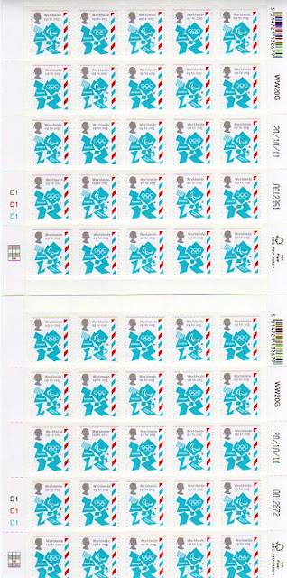 Two different sheets of 25 20g Olympic Definitives stamps.