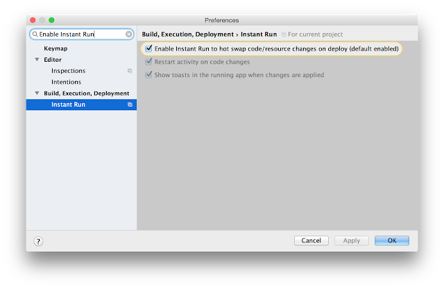 Enable Instant Run for Android Studio projects