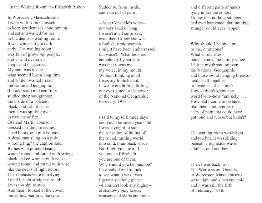 Dee S Blog Exposure To An Unknown World Poetry Reaction 5 In The Waiting Room By Elizabeth Bishop