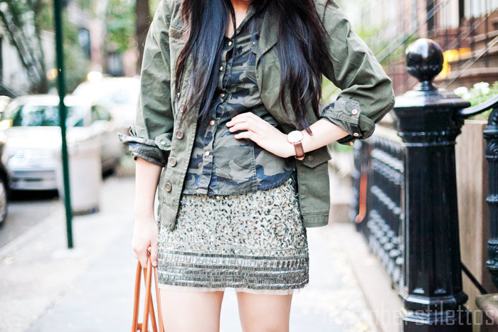 camo button up blouse shirt, topshop military jacket, zara beaded skirt, green monotone dressing, bodhi tote bag, mango leather pumps, new york fashion blog, street style, diya liu