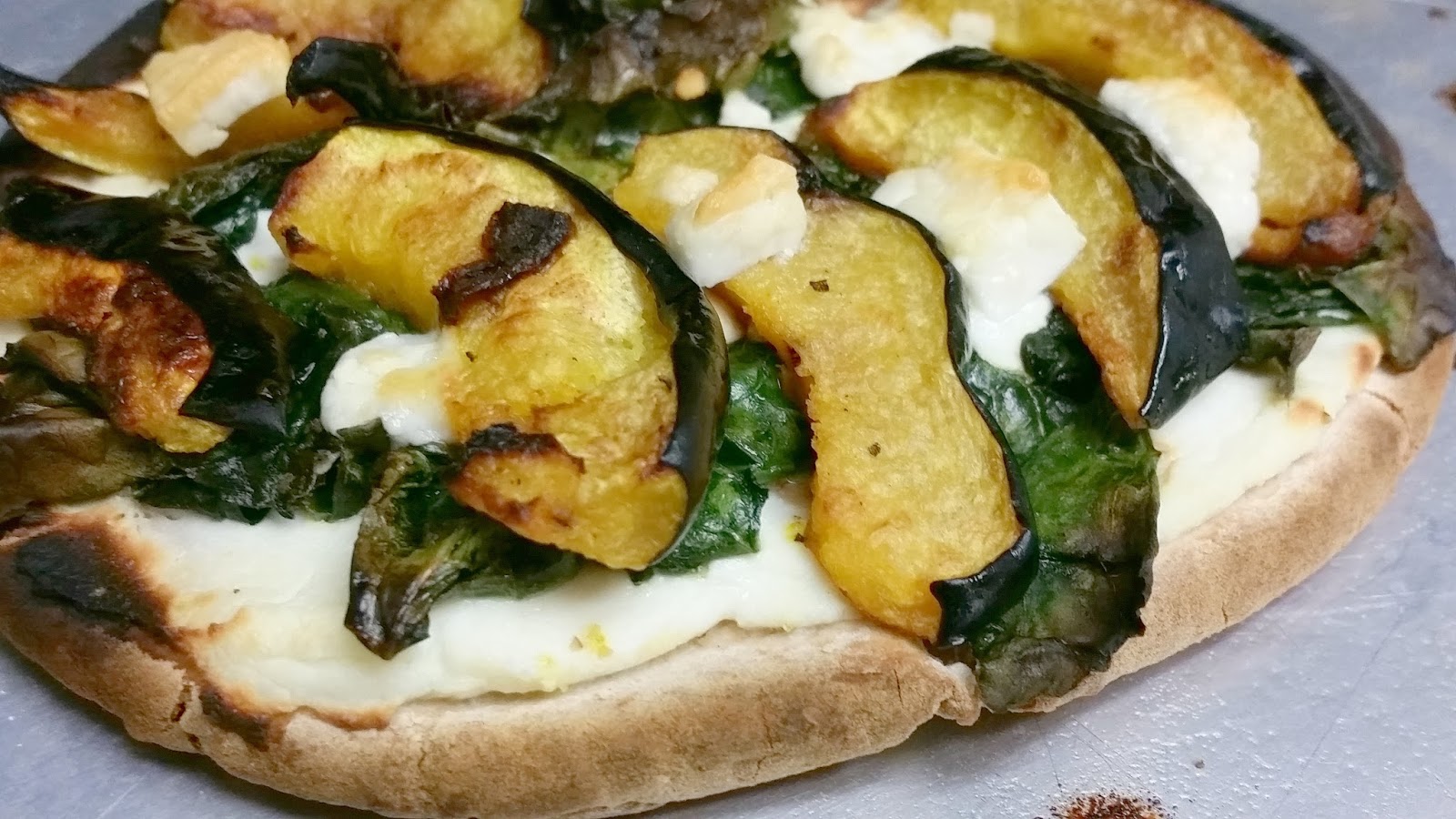 So There. Pumpkin Spice Ricotta, Kale, and Acorn Squash Flatbread Pizza