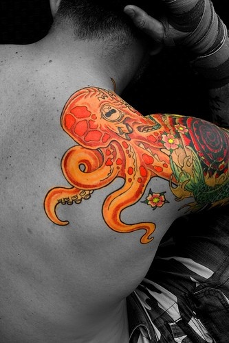 Colorful octopus tattoo on shoulder