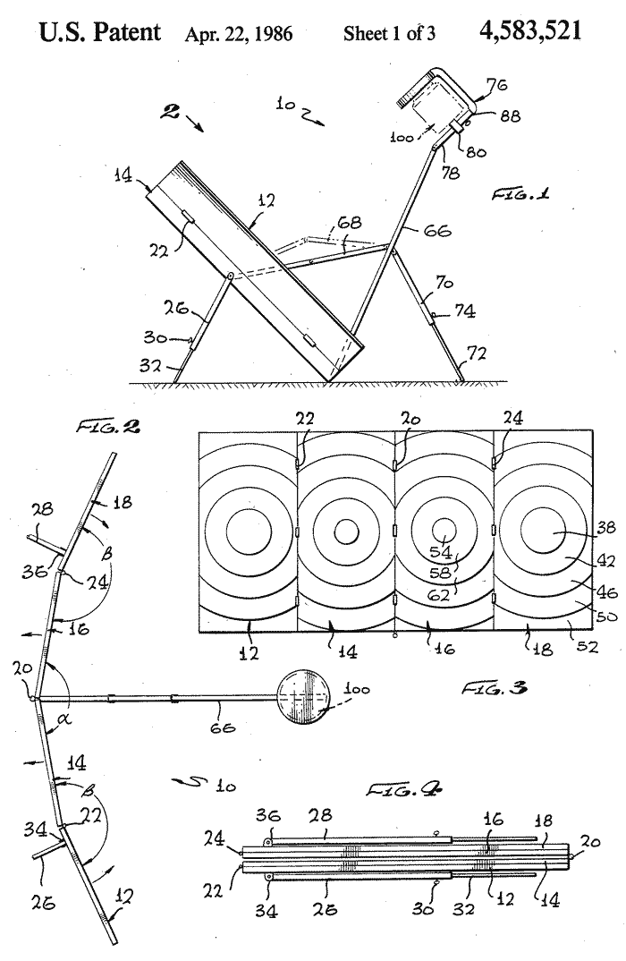 US Patent №4583521 Portable solar cooking apparatus US Patent №4583521 Portable solar cooking apparatus