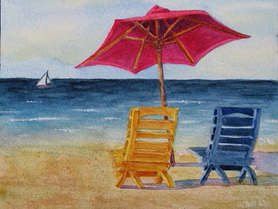 Beach Chairs on Beach Chairs And Umbrella Seashore Limited Edition Matted Watercolor