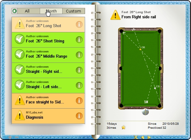 Change view range to month, billiard exercise diary, Billiard Practice Software