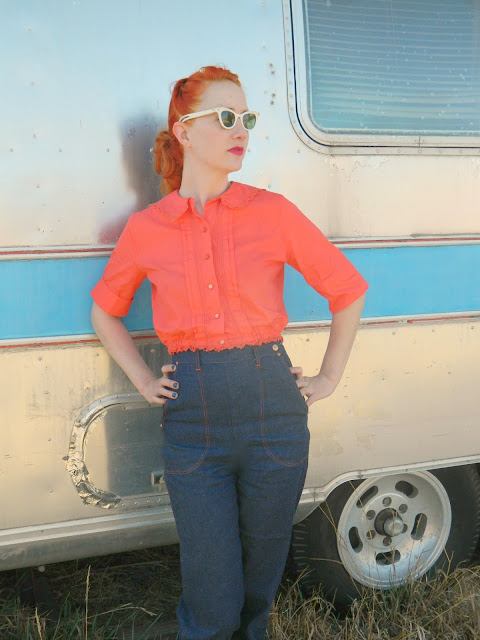 1950s cropped top, side zip pedal pushers, cat eye sunglasses, airstream Just Peachy, Darling