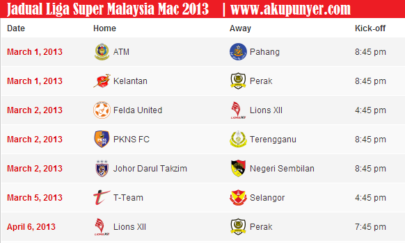liga super malaysia 2013, jadual liga super 2013,jadual liga super