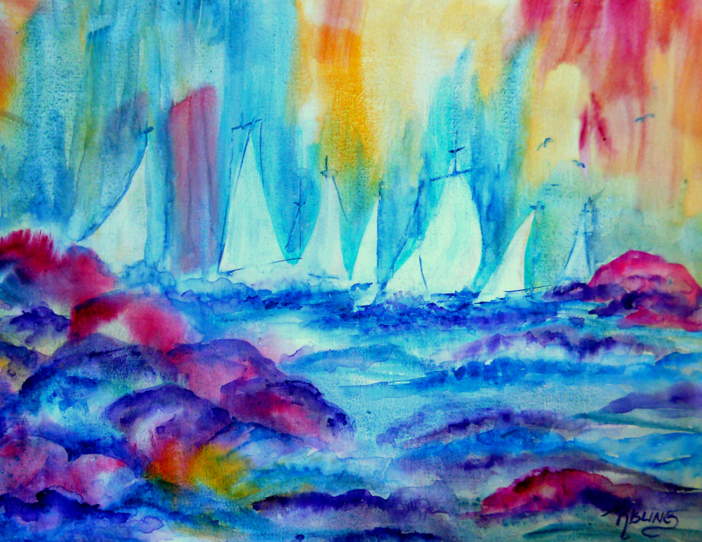 Martha Kisling Art With Heart SAILBOAT FANCY Watercolor on Gesso paper