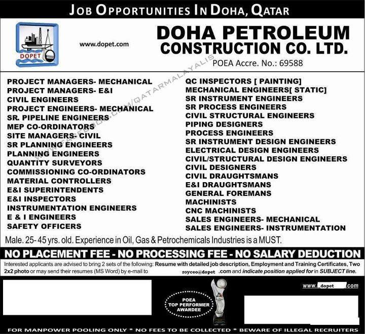 Large no.of vacancies in Doha Qatar Gulf Jobs for Malayalees