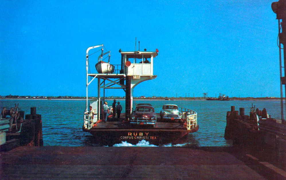 transpress nz cars on the Port Aransas ferries, Texas, 1950s