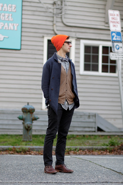 Nathan Lynch Fremont Street Style layers orange beanie sweater Nordstrom