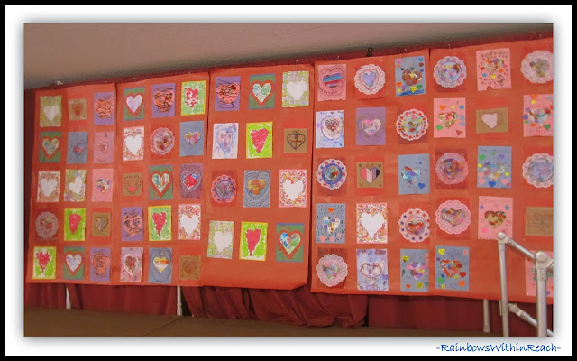 One half of the Collaborative Valentine's Day Quilt created for Author visit with Debbie Clement