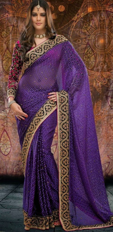 Brasso Purple Designer Embroidery Saree with Unstitched Blouse 