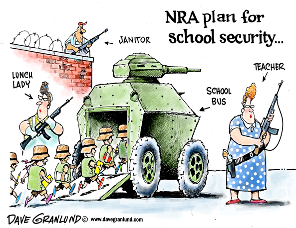 Title:  NRA plan for school security.  Picture:  Children trotting into armored vehicle labeled 