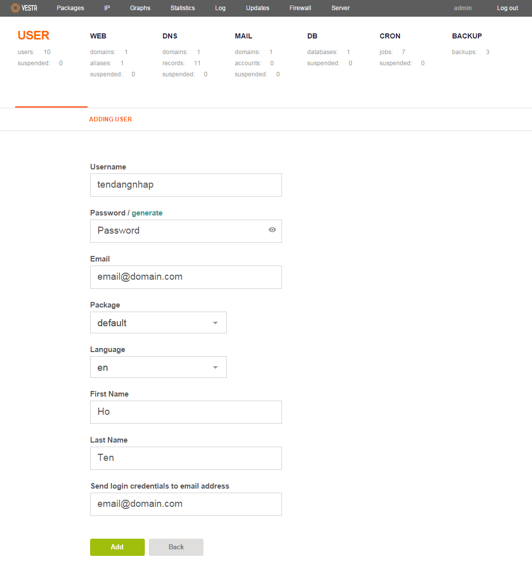 Tạo user mới trong VestaCP
