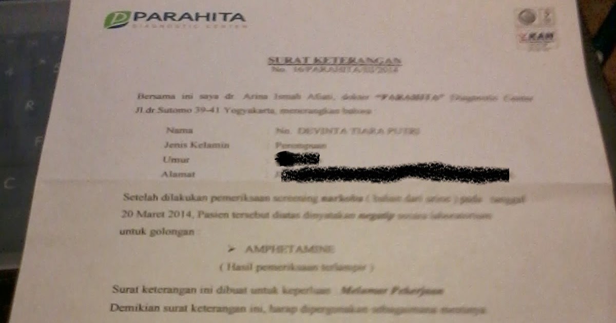 Surat Keterangan Bebas Narkoba Parahita Lab Dephintya