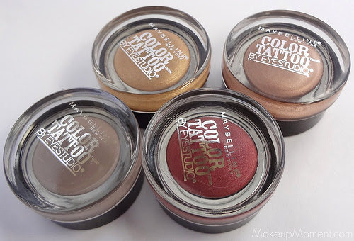 Maybelline Color Tattoo Eyeshadows: Bold Gold, Bad To The Bronze, Pomegranate Punk, Tough As Taupe