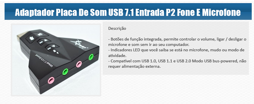 Adaptador Placa De Som Usb 7.1 Entrada P2 Fone E Microfone