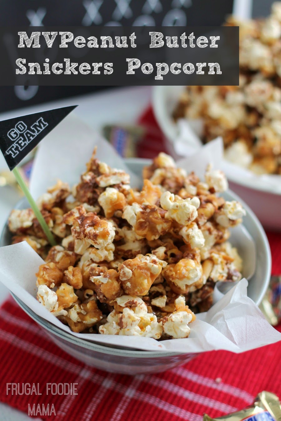 This MVPeanut Butter Snickers Popcorn with it's crunchy popcorn, gooey peanut butter, and bits of Snickers is the perfect sweet treat for game day.