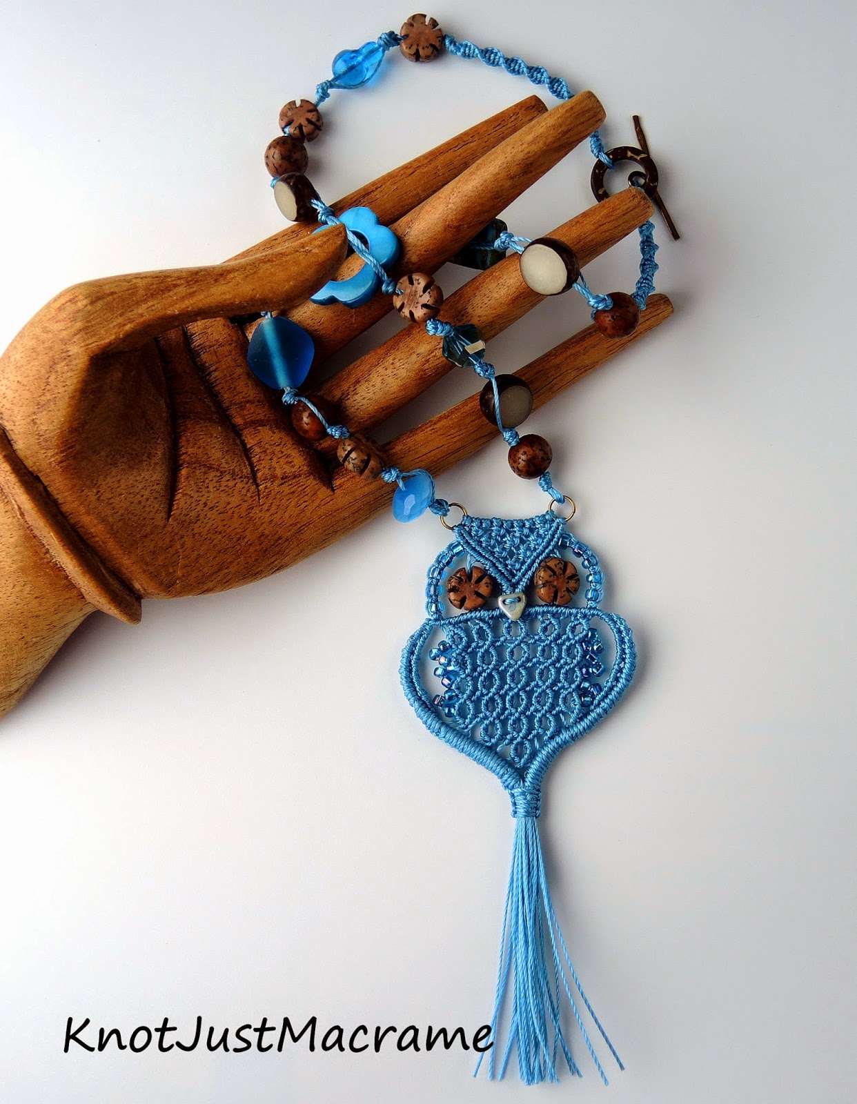 Micro macrame owl pendant necklace by Sherri Stokey of Knot Just Macrame.