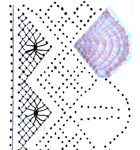 foto 6: fotomontaje pluma con remate en trenza de 4 cabos sobre esquema-picado puntilla de encaje de bolillos número 1