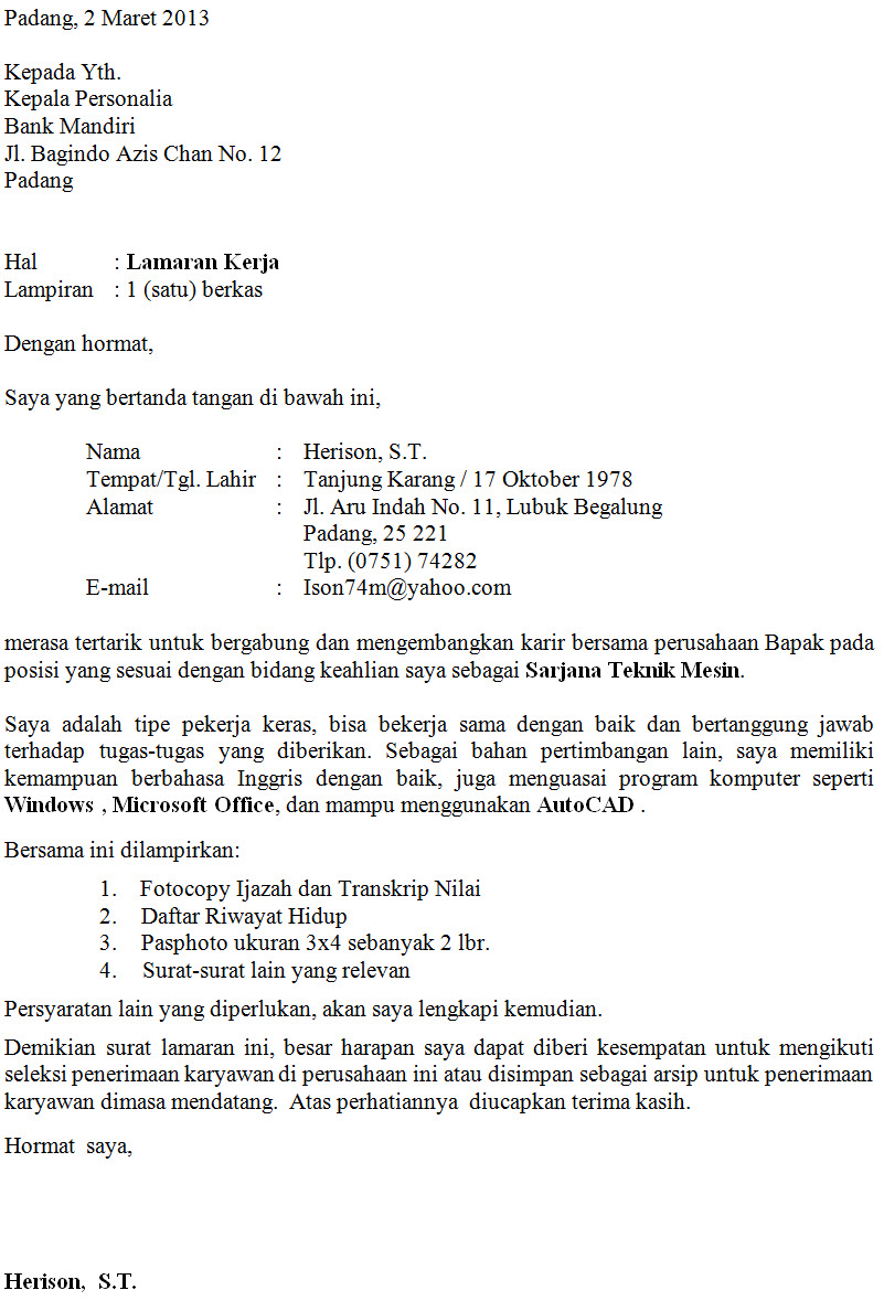 Contoh Surat Lamaran Kerja Di financial institution
