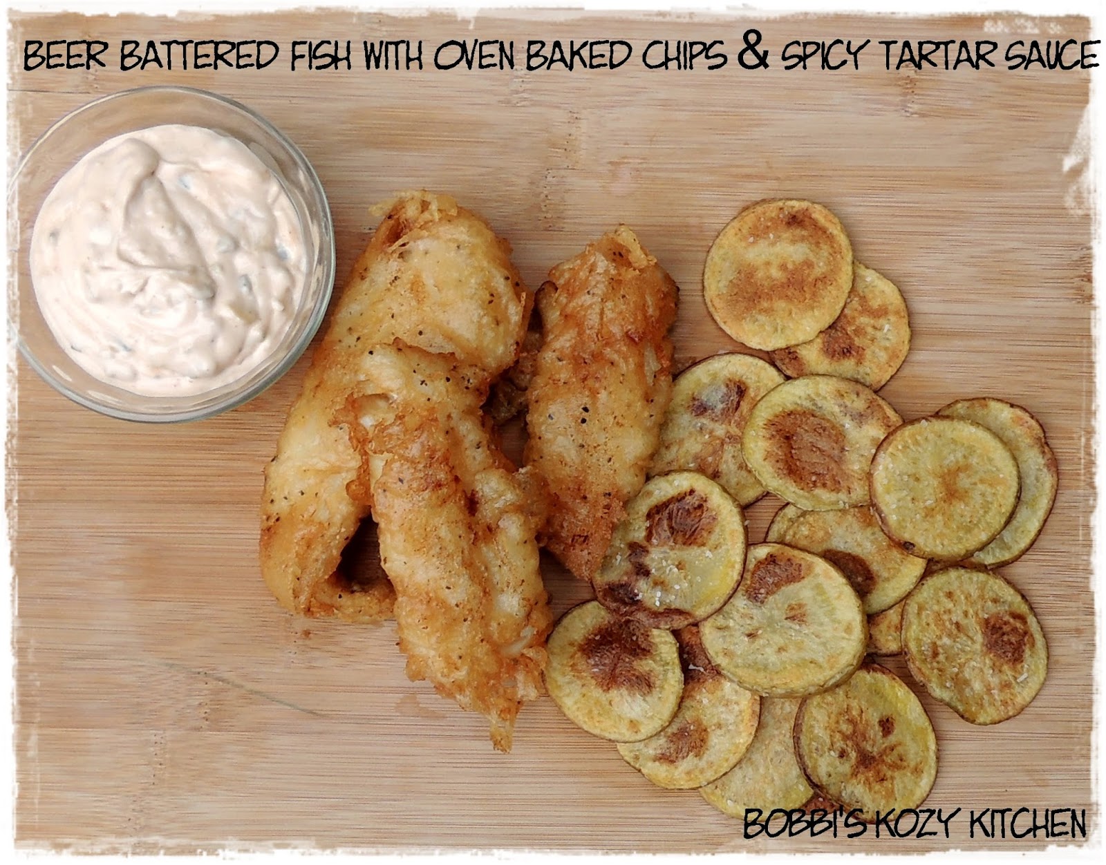 Beer Battered Fish with Oven Baked Chips and Spicy Tartar Sauce for 