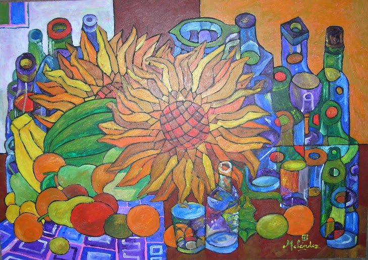 "Girasol con botellas"