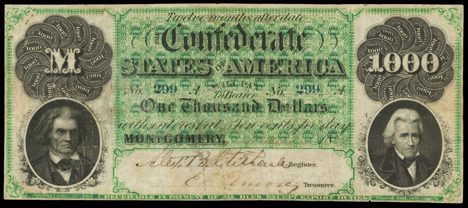 Confederate Currency 1861 $1000 Montgomery Note CSA T-1 Confederate Currency 1000 Dollar bill Montgomery Note