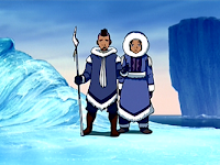 Sokka and Katara, dark-skinned boy and girl dressed in blue thick fur-lined clothing