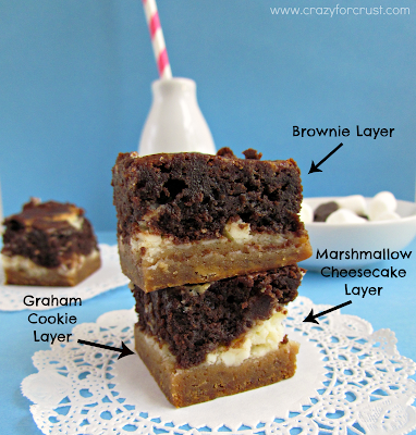 S'mores brownie cheesecake bars on a white doily with text describing the layers